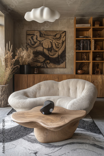 Obraz na płótnie Modern cozy living room with unique curved sofa and wooden coffee table in contemporary setting w salonie