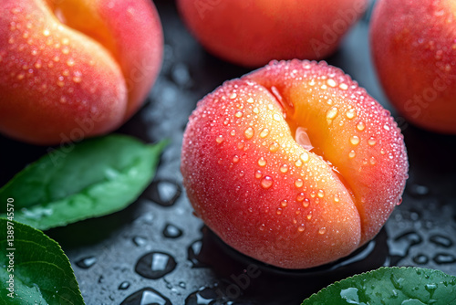 Obraz na płótnie Fresh peaches with water droplets highlighting their natural health benefits and vitamin richness w salonie