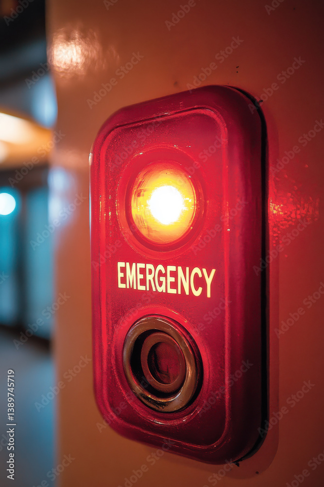 Close-up of red emergency button with glowing light in subway station for safety and alert signal