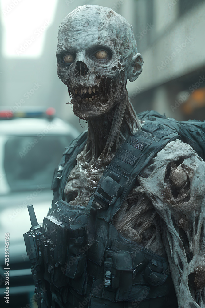 Post-apocalyptic zombie in tactical gear posing on city street with dim light setting