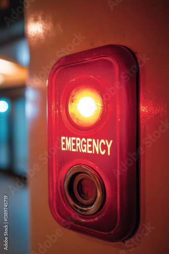 Obraz na płótnie Close-up of red emergency button with glowing light in subway station for safety and alert signal w salonie