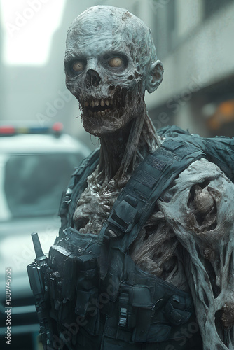 Obraz na płótnie Post-apocalyptic zombie in tactical gear posing on city street with dim light setting w salonie
