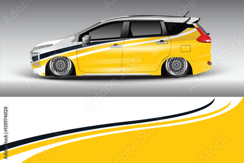 Sleek modified yellow and white car parked on a smooth gradient background, showcasing its stylish design