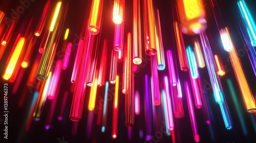Vibrant light tubes in various colors dangle from above, illuminating a contemporary space. The display captivates viewers, generating a lively ambiance