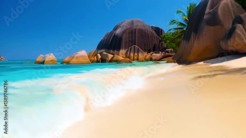 Tracking shot along Seychelles coastline with turquoise water, smooth granite boulders, white sand, swaying palms, lapping waves, and the peaceful sound of sea breeze.
