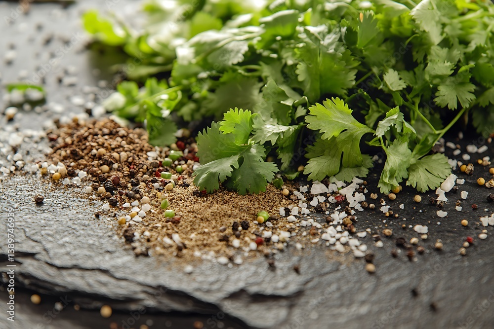 Macro shot showcasing a variety of spices and herbs, from fresh cilantro to ground pepper, artistically scattered on slate. Macro shot showcasing a variety of spices and herbs, from fresh cilantro to ground pepper, artistically scattered on slate.