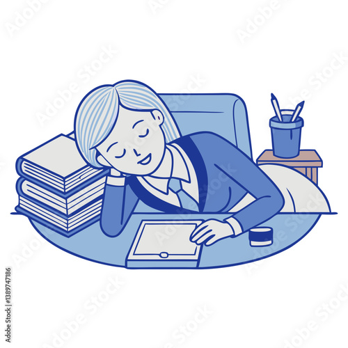 Exhausted overload business woman falling asleep on desk with open laptop monitor while working in start up company office. Employee using modern technology network wireless doing overtime sleeping 