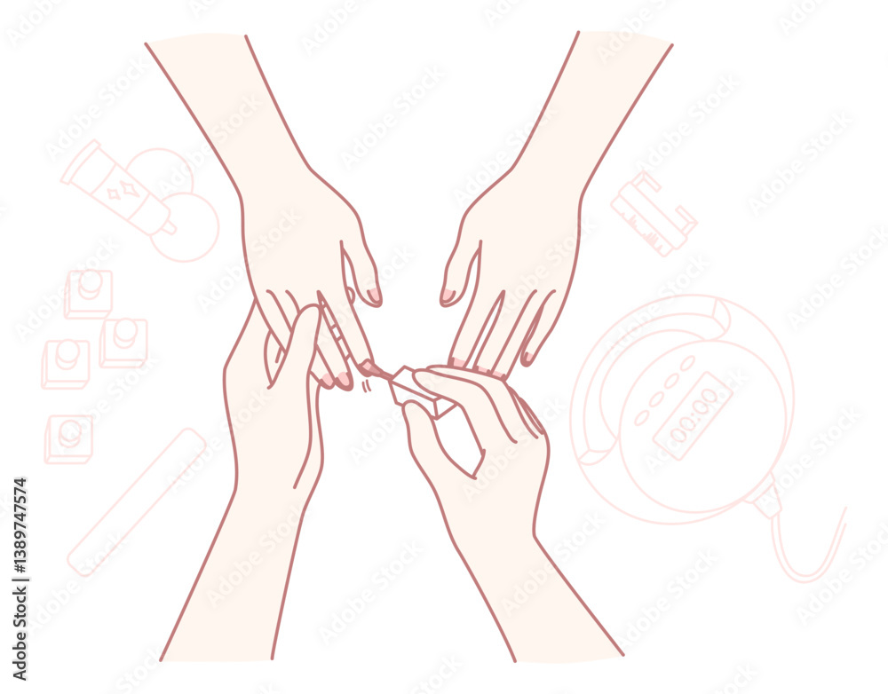 Fototapeta premium An illustration shows hands in nail care, featuring tools and products for perfect manicures and pedicures