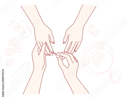 An illustration shows hands in nail care, featuring tools and products for perfect manicures and pedicures