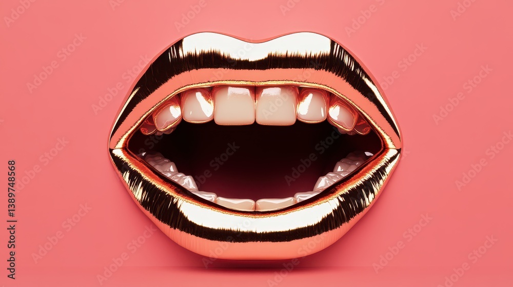 Naklejka premium Glossy metallic lips are wide open against a bright pink background, showcasing a striking design with white teeth visible. The bold colors create a captivating visual effect