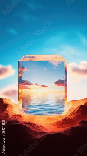 A stunning portal stands amidst rocky terrain, framing a tranquil sunset that reflects on peaceful water. The sky is a blend of vibrant hues, making the scenery dreamlike