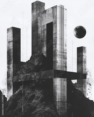 A tall brutalist concrete structure with a sphere in the background, overlaid with blueprint lines and futuristic markings.