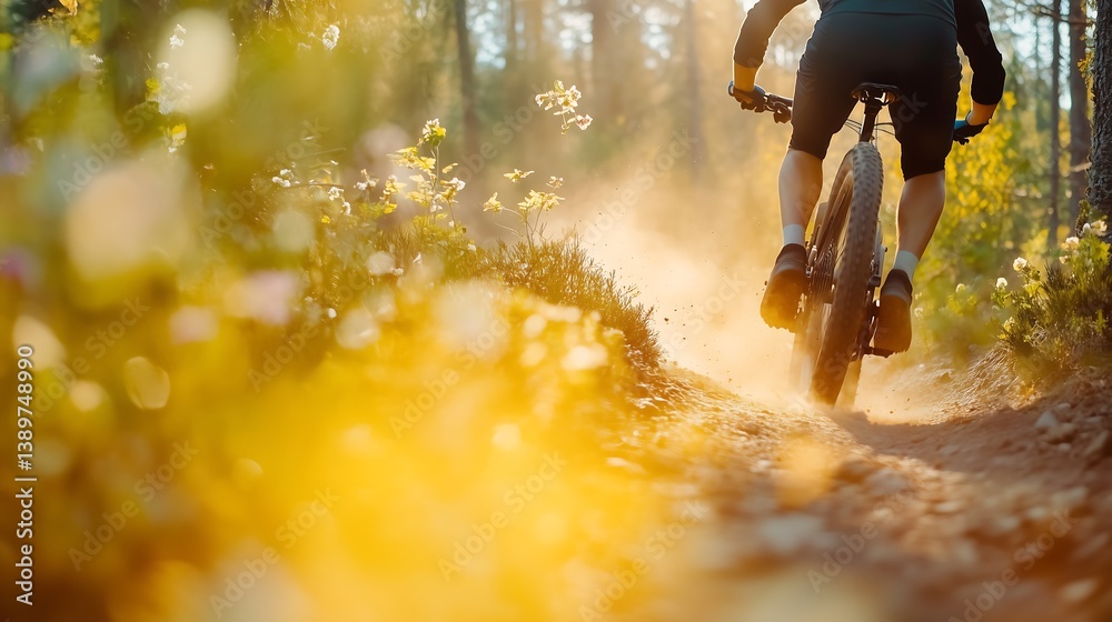 Fototapeta premium Man in sportswear riding bicycle on forest path, back view, golden hour, bright rays of sunset, blurred nature background