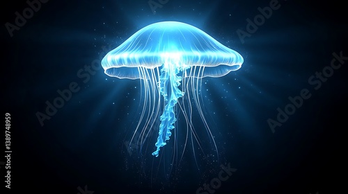 A glowing jellyfish illuminated in a dark blue underwater environment