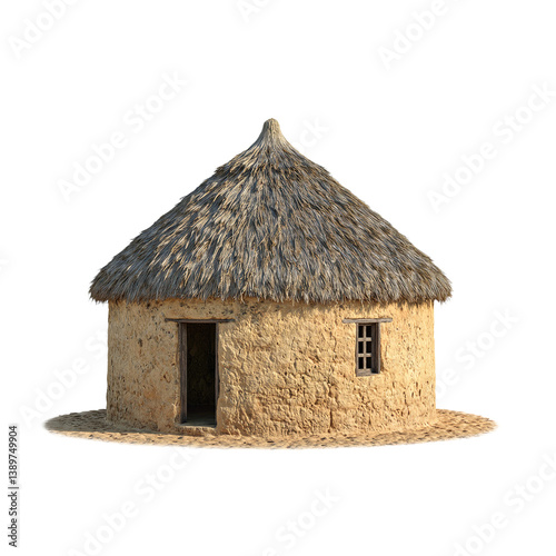 Traditional South African rondavel with a thatched roof and earthen walls Unique 3D render on white background photo