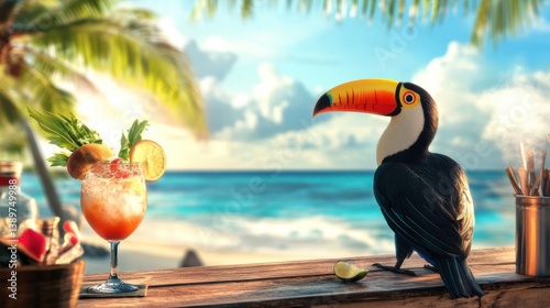 Tropical bar setting with a toucan and colorful cocktail by the beach at sunset photo