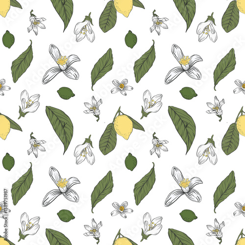  Lemon Blossom Seamless Pattern with fruits, blossoms, and leaves