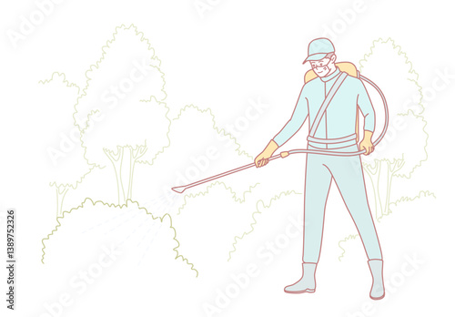 A pest control professional methodically spraying pesticides in a vibrant, lush garden environment setting