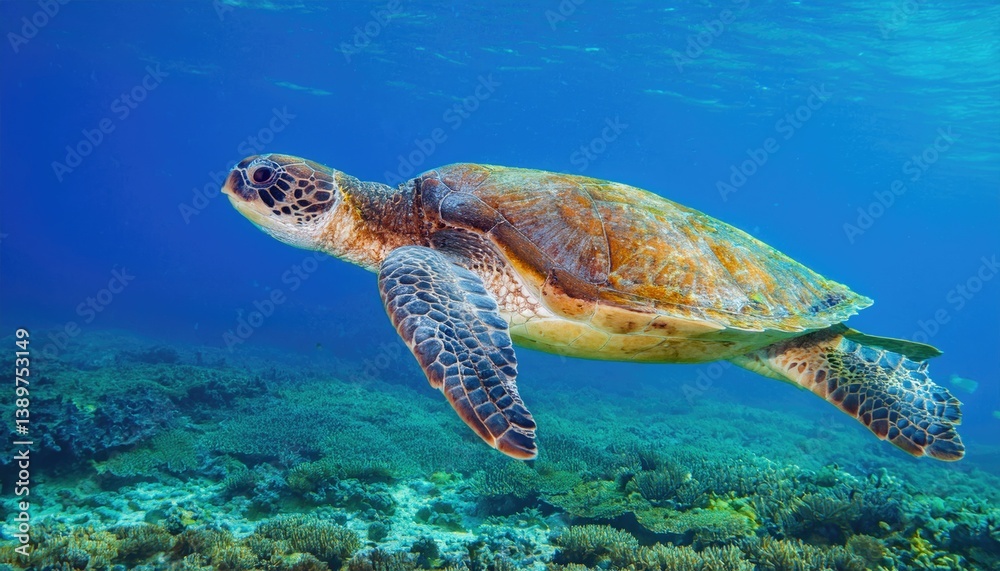 Obraz premium Green Sea Turtle swimming in clear blue water