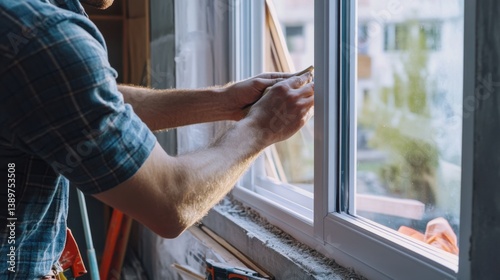A carpenter installing windows in a new home. Featuring craftsmanship and care