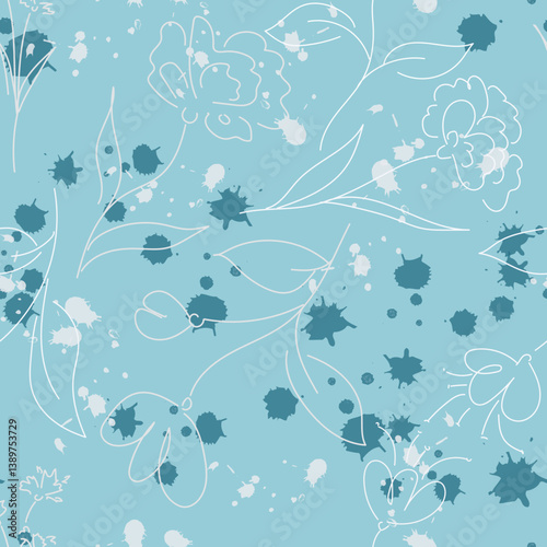 Spring coolness. Seamless abstract vector pattern of flower outlines and colored spots on a blue background.