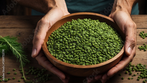 Healthy Male Hands Holding a Bowl of Green Lentils for Nutritious Eating