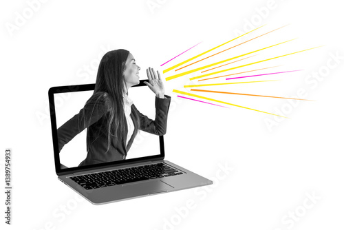 Businesswoman shouting from laptop with colorful lines, isolated on white background, concept of online communication and digital promotion