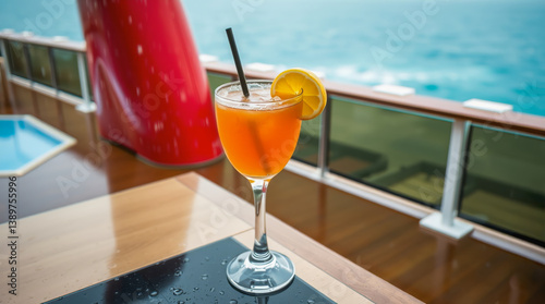 AI-generated images of a cocktail drink on a cruise ship deck, adventure, relaxation, and cherished memories await tourists