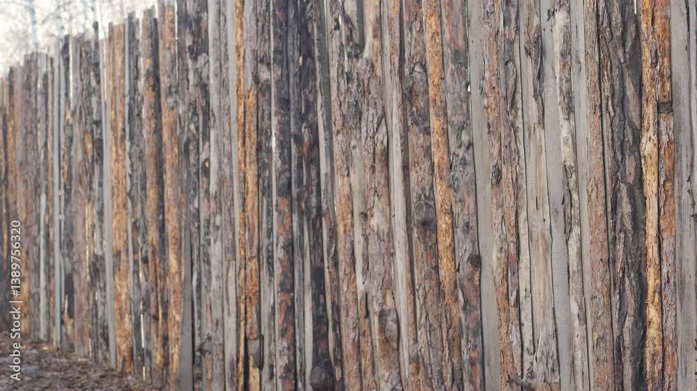 High tall wooden fence, large protective fence made of wooden boards
