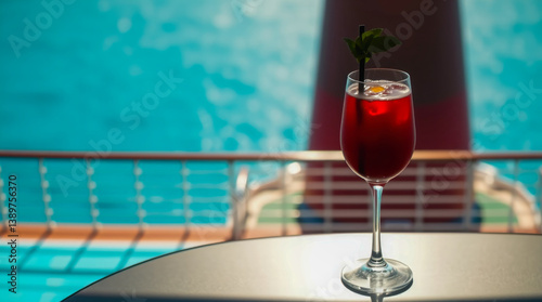 AI-generated images of a cocktail drink on a cruise ship deck, adventure, relaxation, and cherished memories await tourists