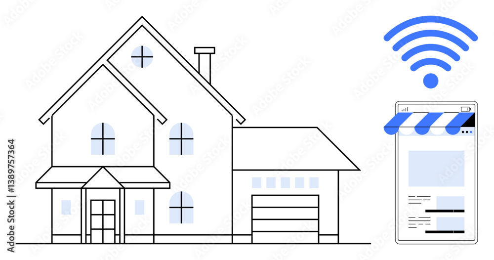 Fototapeta premium Modern home paired with a sleek smartphone interface, showcasing online storefront capabilities and wireless signal. Ideal for housing, technology, e-commerce, networking, IoT, communication, remote