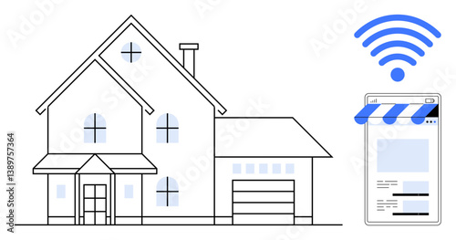 Modern home paired with a sleek smartphone interface, showcasing online storefront capabilities and wireless signal. Ideal for housing, technology, e-commerce, networking, IoT, communication, remote