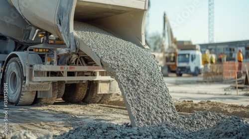 A cement truck unloading material at a construction site. Featuring precision and efficiency