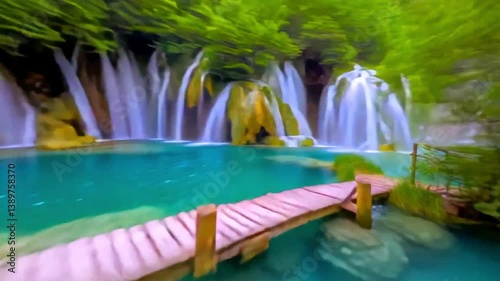 Plitvice Lakes National Park with turquoise water, cascading waterfalls, wooden bridge, and lush greenery—perfect for travel, nature, relaxation, and scenic content