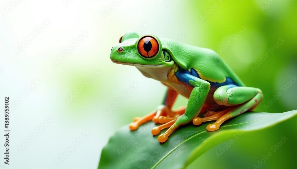 Obraz premium Green tree frog perched on white, vibrant colors, white background, closeup