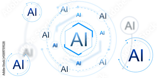 Obraz na płótnie Digital AI symbol elements floating in circular patterns, futuristic tech concept, clean white background, representing artificial intelligence. 3D Rendering w salonie