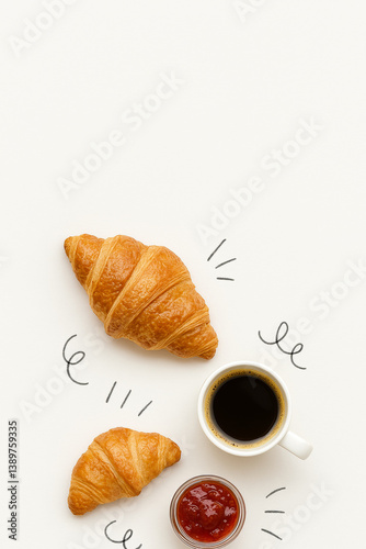 Croissant and coffee with strawberry jam on white background, enhanced by playful doodles