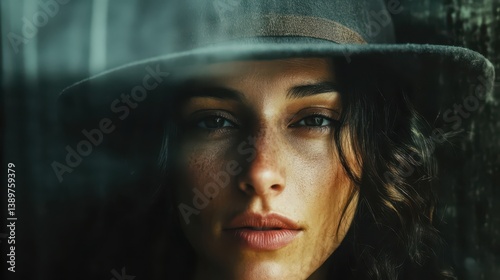 A woman with curly hair and a wide-brimmed hat gazes intensely through a fogged window, illuminated by soft, natural light, creating a contemplative atmosphere