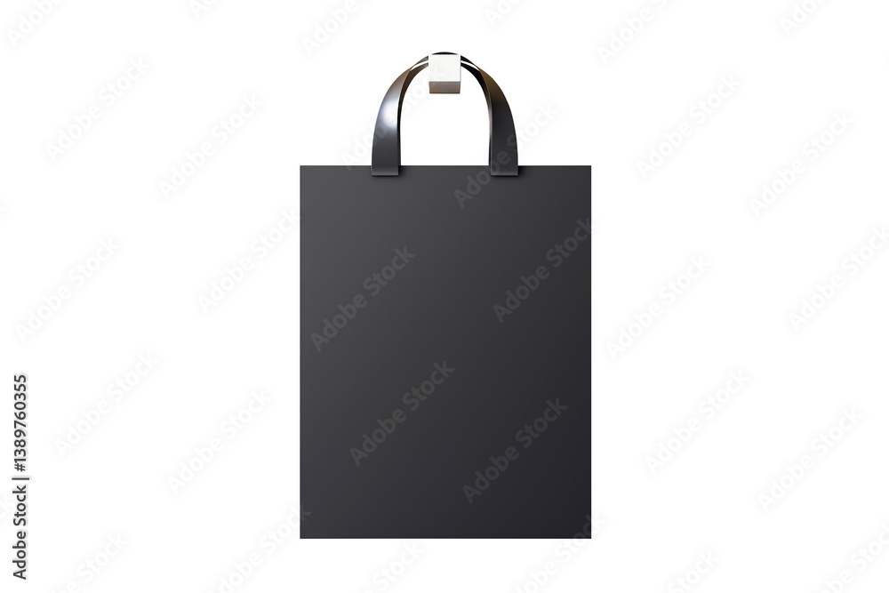 Black shopping bag with glossy handles, 3D Rendering style, isolated on white background. Concept of branding, packaging and design layout