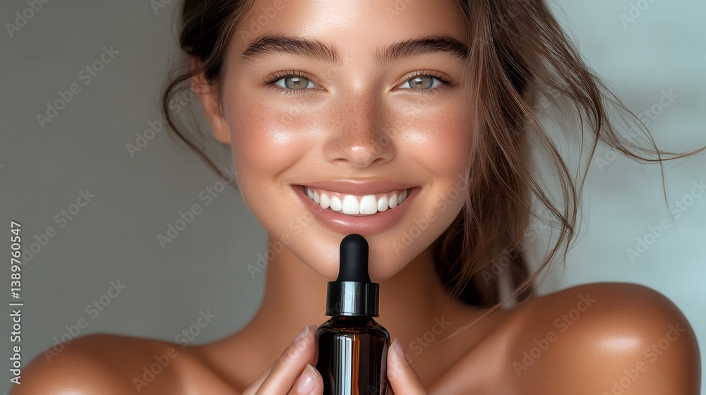 Beautiful woman holding essential oil serum for facial skin care treatment