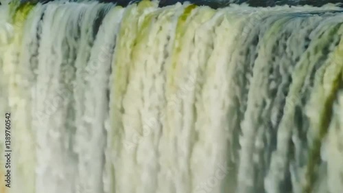 Close-up of a powerful waterfall cascading in slow motion, showcasing force, texture, and natural beauty—ideal for nature, travel, relaxation, and environmental footage.