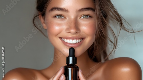 Obraz na płótnie Beautiful woman holding essential oil serum for facial skin care treatment w salonie