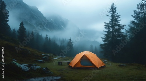 Orange camping tent stands in the foggy forest near the mountains