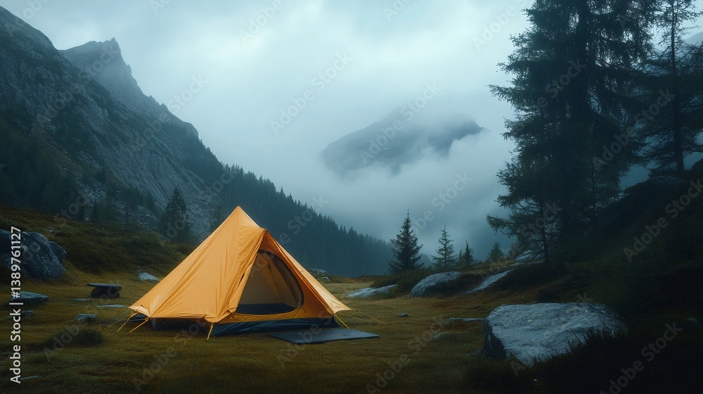 Bright yellow camping tent stands in misty mountain valley