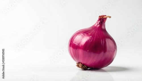 Single red onion, vibrant color, clean white background, plant, food, market