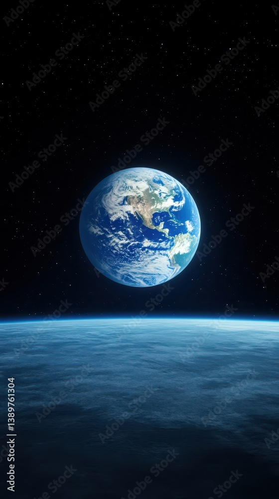 Naklejka premium Earth is displayed in vivid colors against the dark backdrop of space. The curvature reveals landmasses and cloud formations, illustrating the planet's beauty and vitality from afar