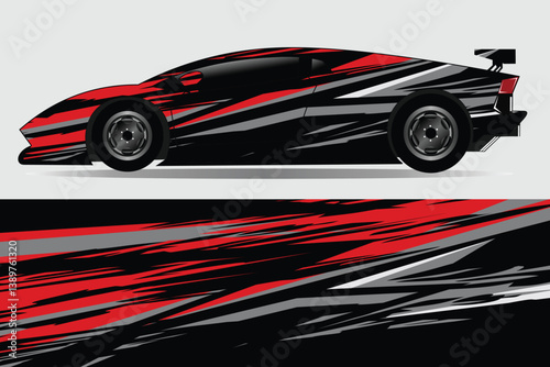 Sleek racing car silhouette with dynamic graphic design, set against a minimalist background
