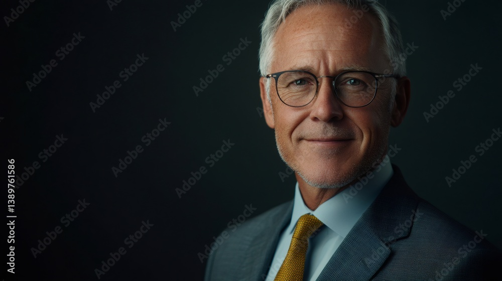 Portrait of smiling senior businessman wearing suit and tie on dark background