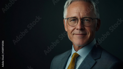 Portrait of smiling senior businessman wearing suit and tie on dark background