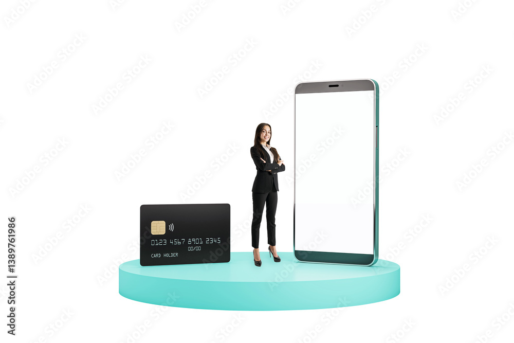 Businesswoman in formal suit with smartphone and credit card on a turquoise stand, isolated on white background, representing mobile banking concept Businesswoman in formal suit with smartphone and credit card on a turquoise stand, isolated on white background, representing mobile banking concept